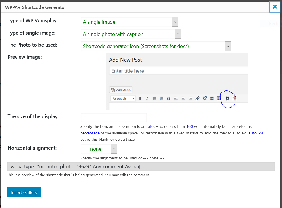 Shortcode generator dialog 4630